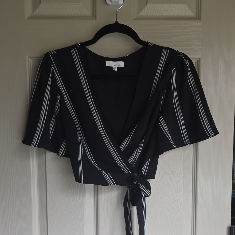 June & Hudson Black Wrap Blouse with Tie Front